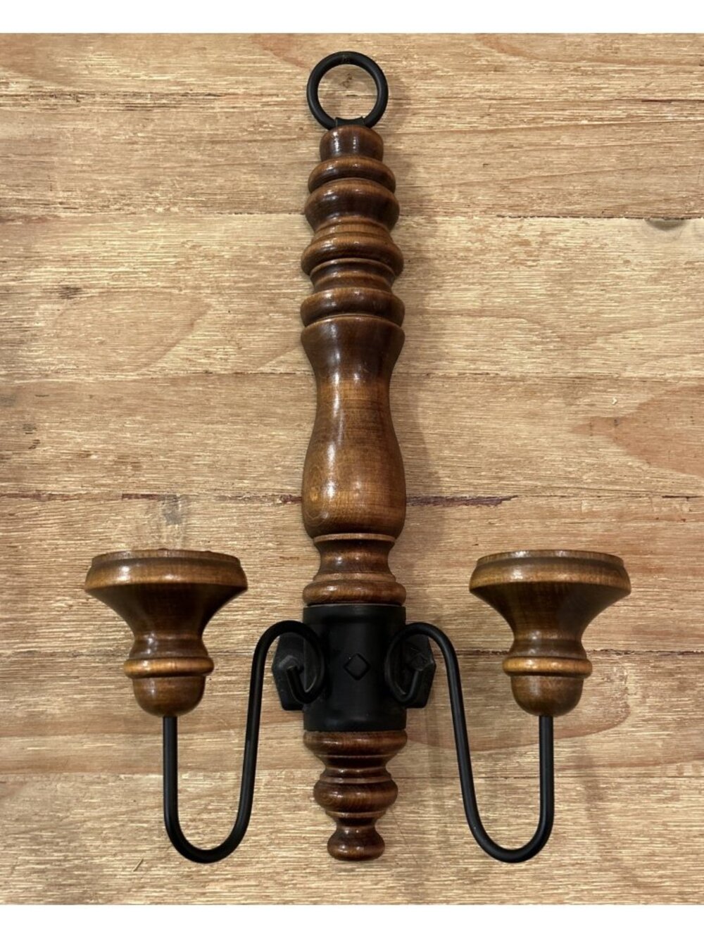Homco 2 Arm Candle Holder Wall Sconce Wood Black Metal Lodge Cabin Vintage 70s